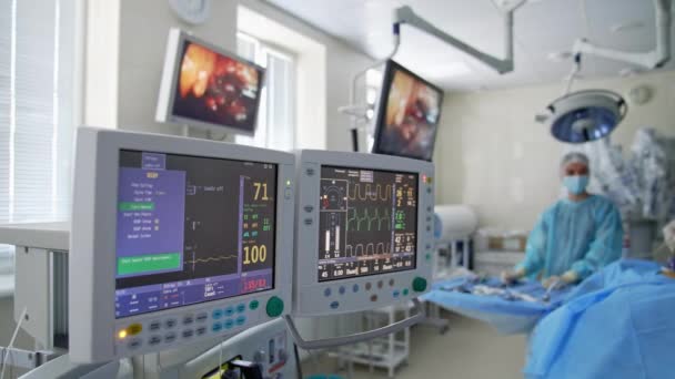 Мониторы Отделении Интенсивной Терапии Сердцебиение Пациента Экране Компьютера Время Операции — стоковое видео