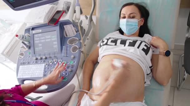 Ärztin Macht Ultraschall Bauch Einer Schwangeren Der Klinik Ultraschalluntersuchung — Stockvideo