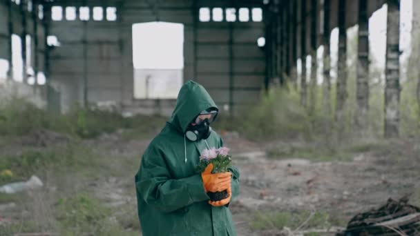 身穿安全服的生态学家在破败的建筑物背景上捧着鲜花 化学袭击后 戴防毒面具和防护服的人站在危险的地方 — 图库视频影像