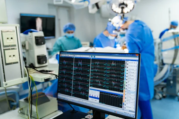 Modern surgery technologies monitor. Emergency surgery room.