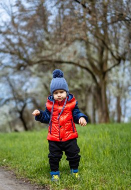 Küçük çocuk kırmızı ceketli ve mavi şapkalı parkta yürüyor.