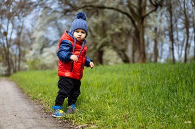 Küçük çocuk kırmızı ceketli ve mavi şapkalı parkta yürüyor.