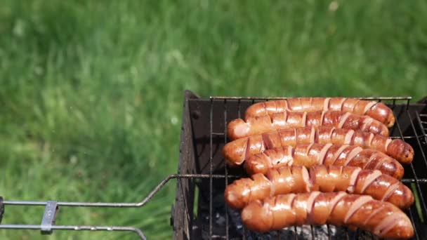 Cârnați Grătar Cârnați Suculenți Prăjiți Foc Carne Delicioasă Caldă — Videoclip de stoc