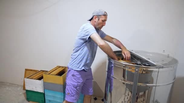 Handsome Man Working Honey Wooden Frame Factory Apiarist Working Wooden — Stock Video