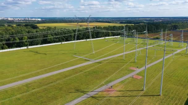 High Voltage Construction Lines Aerial View Big Electric Distribution Industry — Stock Video