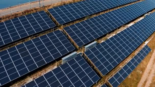 再生可能な環境技術の風景 エコロジー太陽光発電所 フィールドエネルギーのパネル — ストック動画