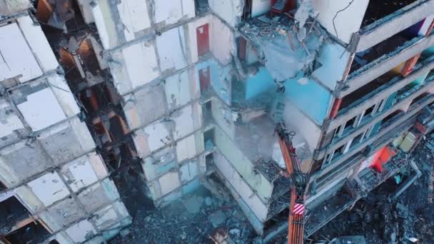 地震の家は空中視界を破壊した 自然災害解体ビル — ストック動画