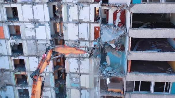 Excavator Demolition Constructions Aerial View Destruction Machine — Stock Video
