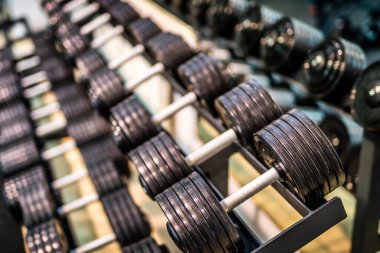 Salonda dambıllar var. Spor salonundaki dambıllar.