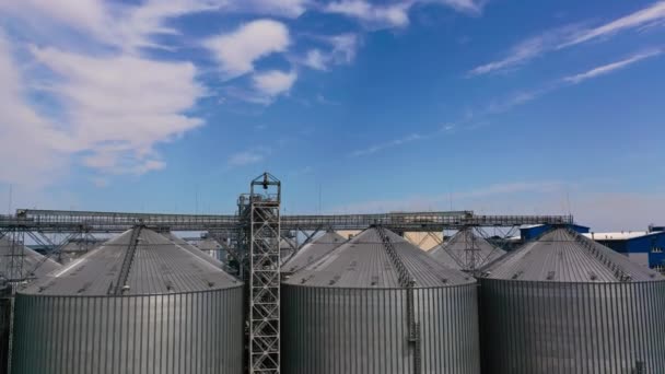 Huge Steel Silo Tanks Joined Metal Constructions Granary Plant Storing — Stock Video
