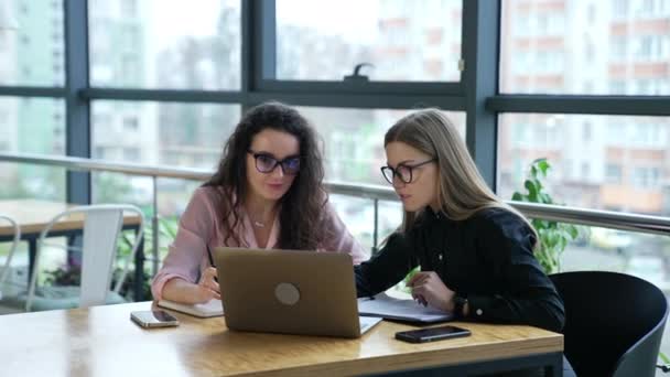 Duas Funcionárias Escritório Discutir Algo Tela Portátil Mulheres Negócios Trabalhar — Vídeo de Stock