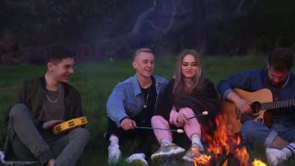 Jovens Alegres Desfrutando Férias Verão Tocando Guitarra Cantando Fritando Marshmallows — Vídeo de Stock