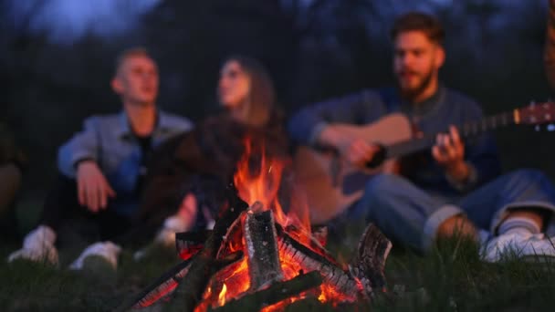 Cozy Bonfire Burning Nighttime Friendly Campers Singing Song Guitar Backdrop — Stock Video