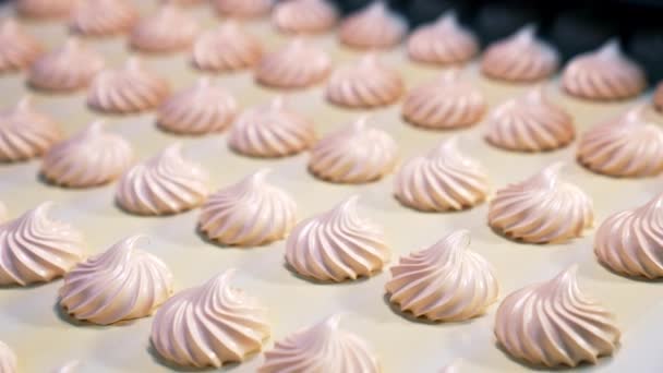 Producción Zéfiros Cremosos Rosados Fábrica Alimentos Postres Salados Moviéndose Largo — Vídeos de Stock