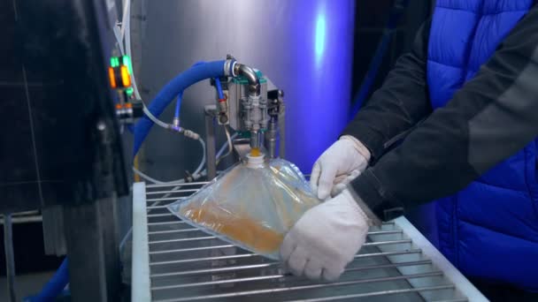 Plastik Transparan Diisi Dengan Jus Melalui Lubang Pekerja Pabrik Menghaluskan — Stok Video