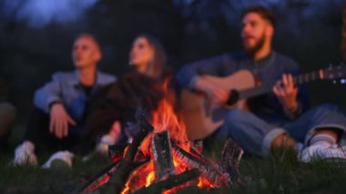 Akşamları orman yakınlarında kamp ateşi yanıyor. Dost canlısı şirket arka planda ateşin yanında ısınıyor..