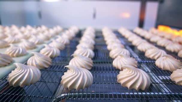 コンベアグリッドに移動する美味しいゾフィルキャンディー クローズアップ 工場でのスイーツの自動生産 バックグラウンド — ストック動画