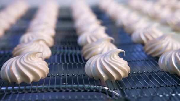 コンベアのグリッドに美しい形をしたゾフィルデザート 食品工場での美味しい健康的なスイーツ生産 クローズアップ バックグラウンド — ストック動画