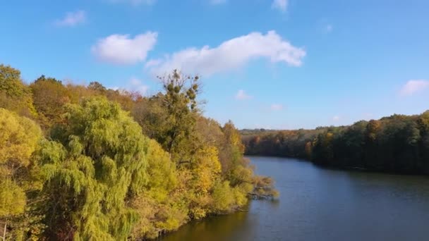 Прекрасный Солнечный Осенний День Городом Затопленный Пейзаж Узкого Речного Канала — стоковое видео