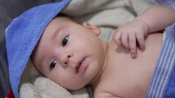 お風呂の後 タオルに横たわっている愛らしい赤ちゃん 彼の胸に小さな拳を握っている甘い少年は 時々それを振ります クローズアップ — ストック動画