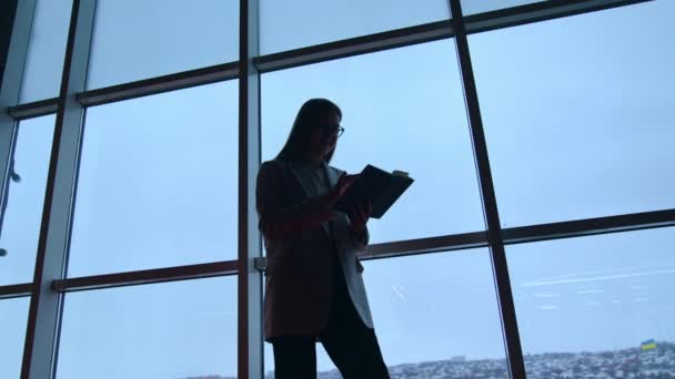 その中にノートと電話を持っているビジネスマン 女性はパノラマの窓に立って誰かと話しています ローアングルビュー — ストック動画