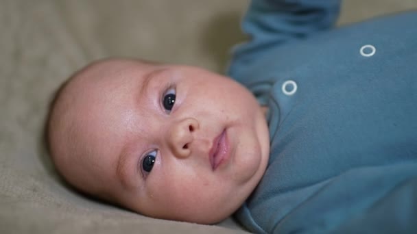可爱的小孩的脸和可爱的丰满的脸颊 一个可爱的健康的幼儿的肖像特写 灰色背景 — 图库视频影像