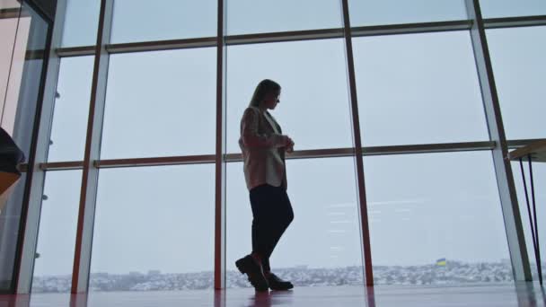 穿着西服的女人独自站在全景窗前 长发女士凝视着风景 欣赏都市风景 — 图库视频影像
