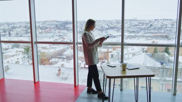 笑顔の女性がノートにメモを取る 都市景色のパノラマウィンドウの前にテーブルの近くに立っている女性 — ストック動画