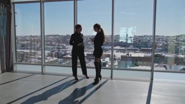 2人の若い女性がオフィスで何か話し合っている 美しい冬の街並みを背景に会話をする女性たち — ストック動画