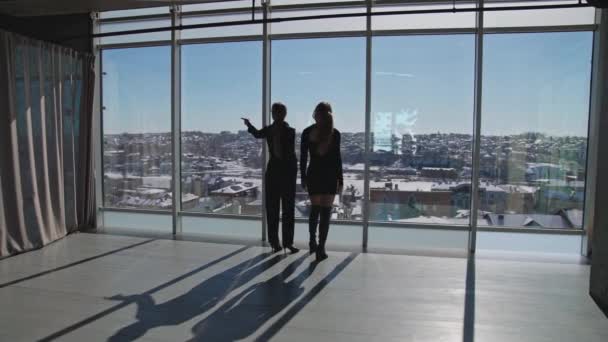 Deux Femmes Aux Cheveux Longs Font Face Des Fenêtres Panoramiques — Video