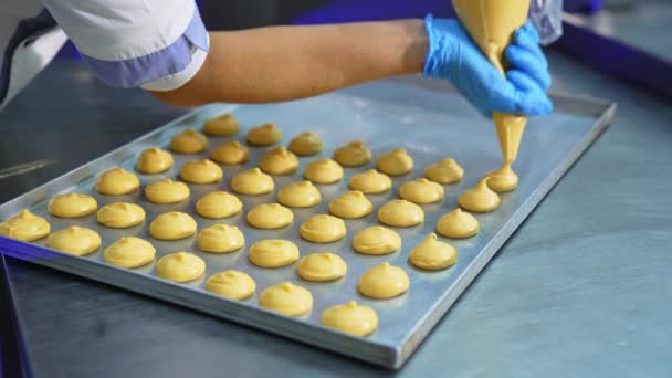 Confectioner Gloves Squeezes Liquid Batter Baking Sheet Sweets Manufacturing Confectionary — Stock Video