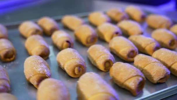 Saborosas Sobremesas Doces Salgadas Assadeira Metal Croissants Recém Assados Cobertos — Vídeo de Stock