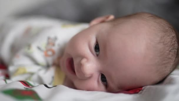 Καυκάσιο Νεογέννητο Αγόρι Ξαπλωμένο Στην Κοιλιά Του Και Ανερχόμενο Κεφάλι — Αρχείο Βίντεο