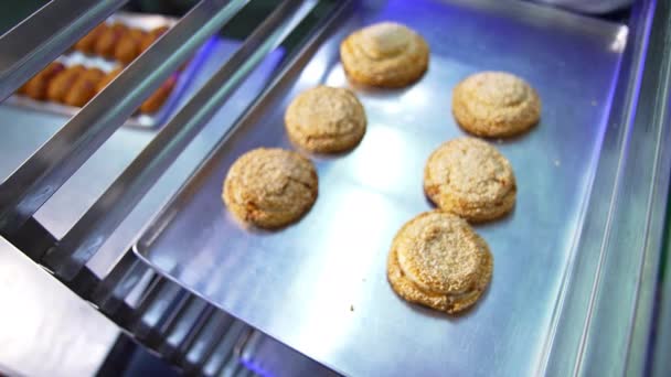 Pastelaria Recém Assada Assadeiras São Empilhadas Prateleiras Produção Croissants Bagels — Vídeo de Stock