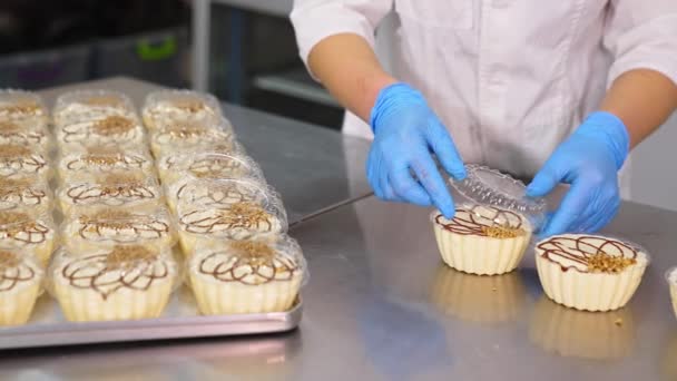 달콤한 디저트 라텍스 장갑에 노동자의 케이크의 플라스틱 상자에 뚜껑을 클로즈업 — 비디오