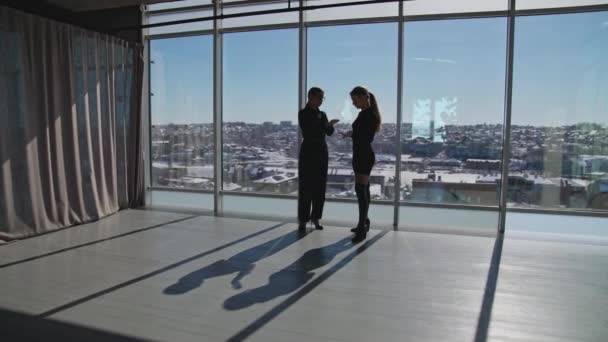 Дві Жінки Колеги Стоять Перед Панорамним Вікном Просторому Офісі Жінки — стокове відео