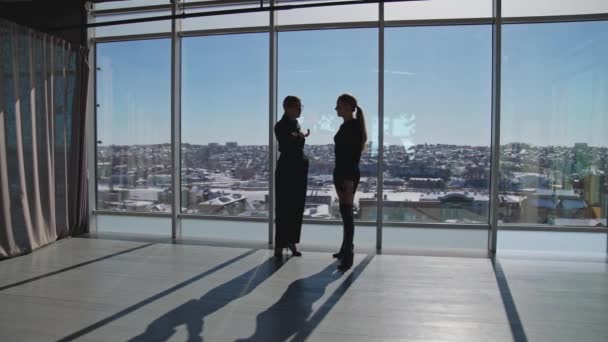 2人の女性社員の友好的な会話 黒い女性は窓の近くに立って話し その後都市景色を見ます — ストック動画