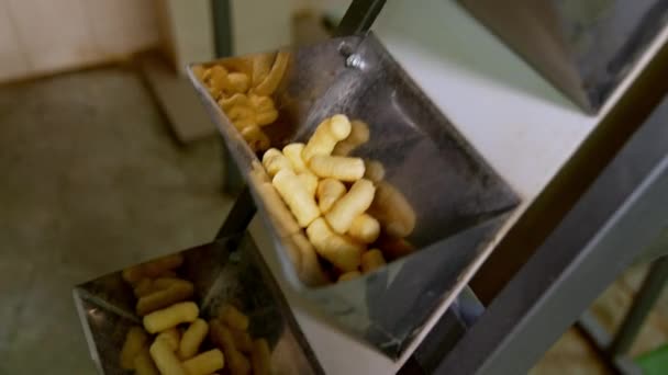 上升式输送带 金属口袋塞满了零食 关闭食品制造厂生产的玉米棒 — 图库视频影像