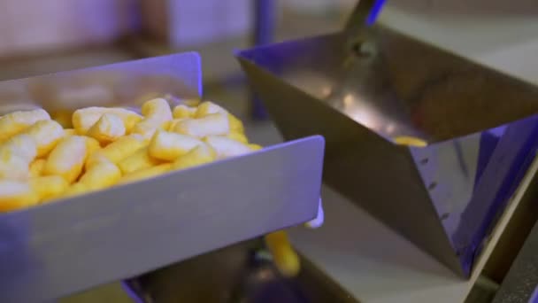 在现代工厂生产甜小吃 美味的脆玉米棒掉在传送带上 靠近点 — 图库视频影像