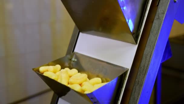 Metal Pockets Conveyor Belt Filled Sweet Corn Sticks Move Snack — Stock Video