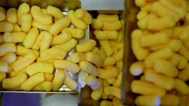 Deliciosos Palitos Milho Crocante Correia Transportadora Caixas Metal Sendo Preenchidas — Vídeo de Stock
