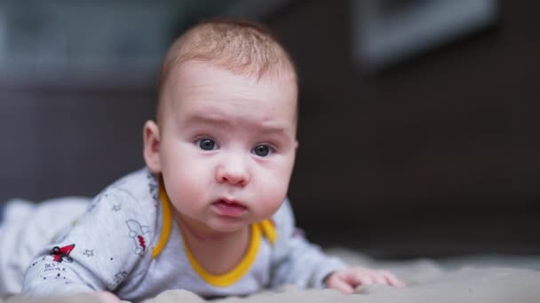 Beautiful Caucasian Child Lies His Tummy Holding Head High Curious — Stock Video
