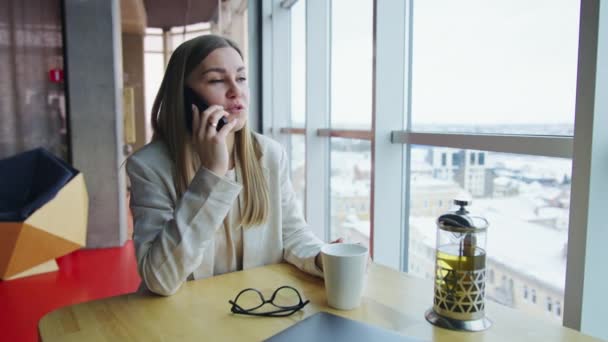Piękna Młoda Kobieta Rozmawia Przez Telefon Pije Herbatę Rozmowa Przez — Wideo stockowe
