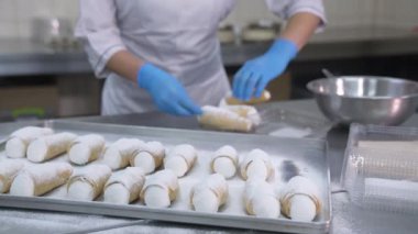 Yiyecek fabrikasında nefis tatlı paketleri var. Şekerleme işçisi plastik kutulara biraz cannoli keki koyar. Kapat..