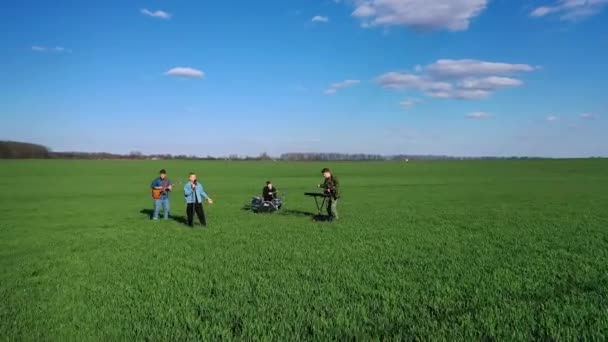 Band Pria Memainkan Musik Lapangan Hijau Rekaman Drone Dari Para — Stok Video