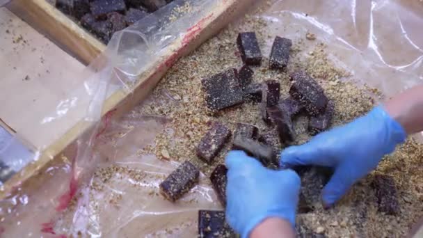 Dark Marmalade Pieces Being Coated Crushed Nuts Worker Hands Mix — Stock Video