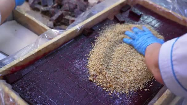 Fioletowa Ciemna Warstwa Marmolady Pocięta Kawałki Drewnianym Pudełku Pracownik Rozrzuca — Wideo stockowe