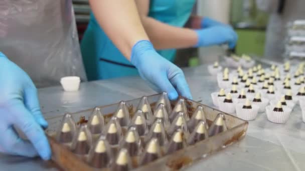 Banketbakker Draait Plastic Vorm Tafel Cone Chocolade Snoepjes Met Witte — Stockvideo