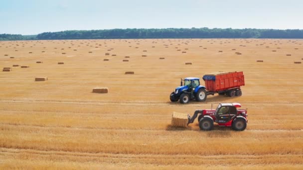 Beladene Traktormaschine Bewegt Sich Über Das Gemähte Feld Folgt Ein — Stockvideo