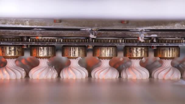 金属ノズルは コンベヤベルト上のクリーミーなマシュマロを絞り込みます 食品工場での菓子製造 — ストック動画